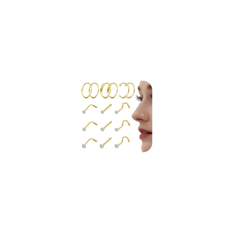 FINREZIO Surgical Steel Nose Ring Studs Gold Nose Studs Hoop Noses Ring for Women Hypoallergenic 18G 20G 22G Noses Rings Stud Nose Piercing Jewelry - Image 1